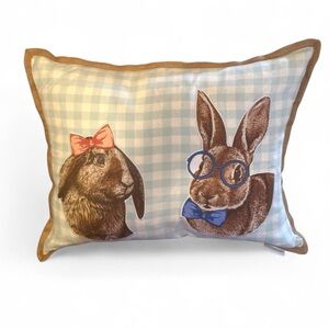 HOP AWAY HOME Huge Blue Gingham Burlap Trim Mr & Mrs Bunny Throw Pillow 36 x 18”